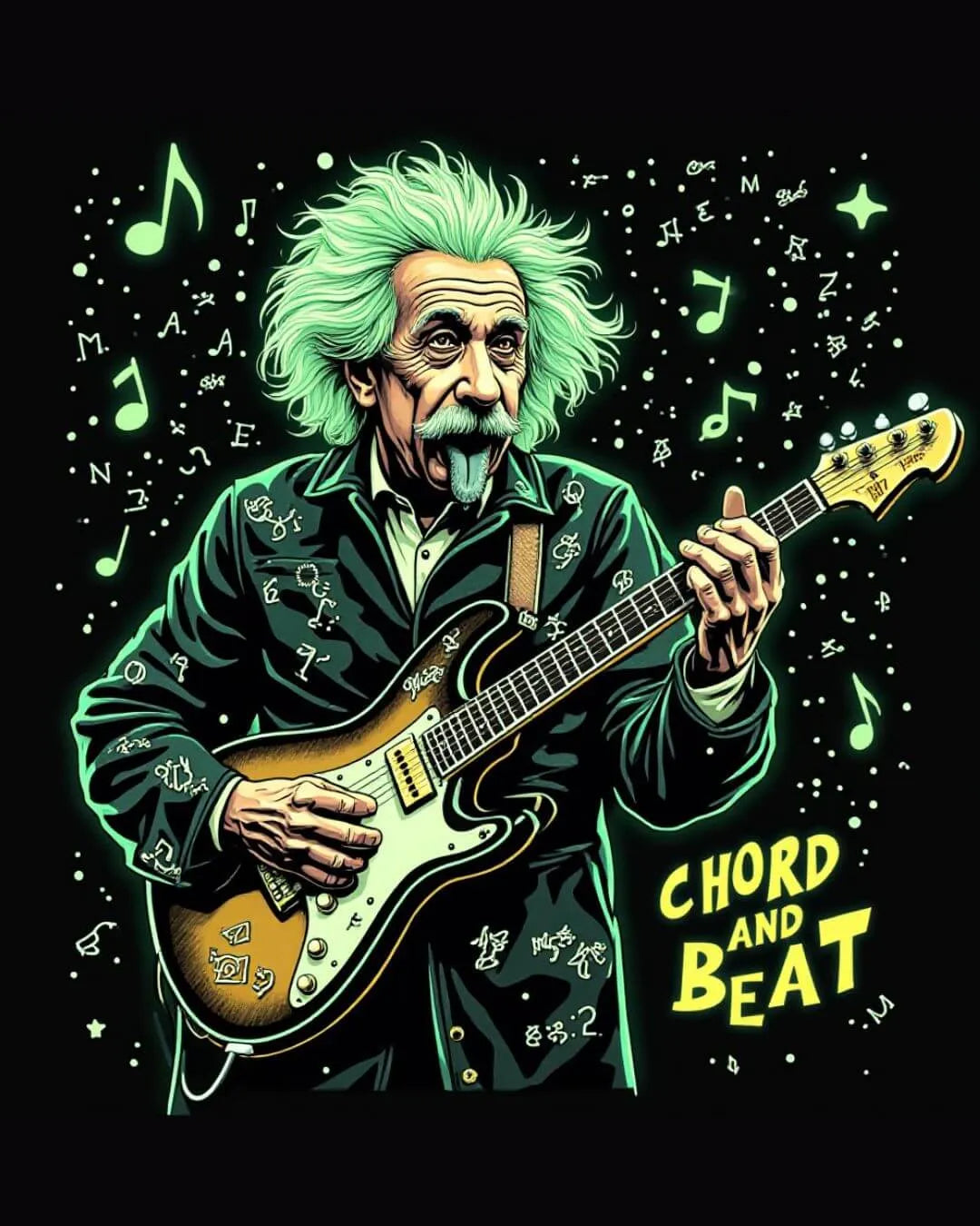 Illustration of a vintage-style Einstein playing an electric guitar with musical notes around him, featuring the text 'Chord and Beat'.