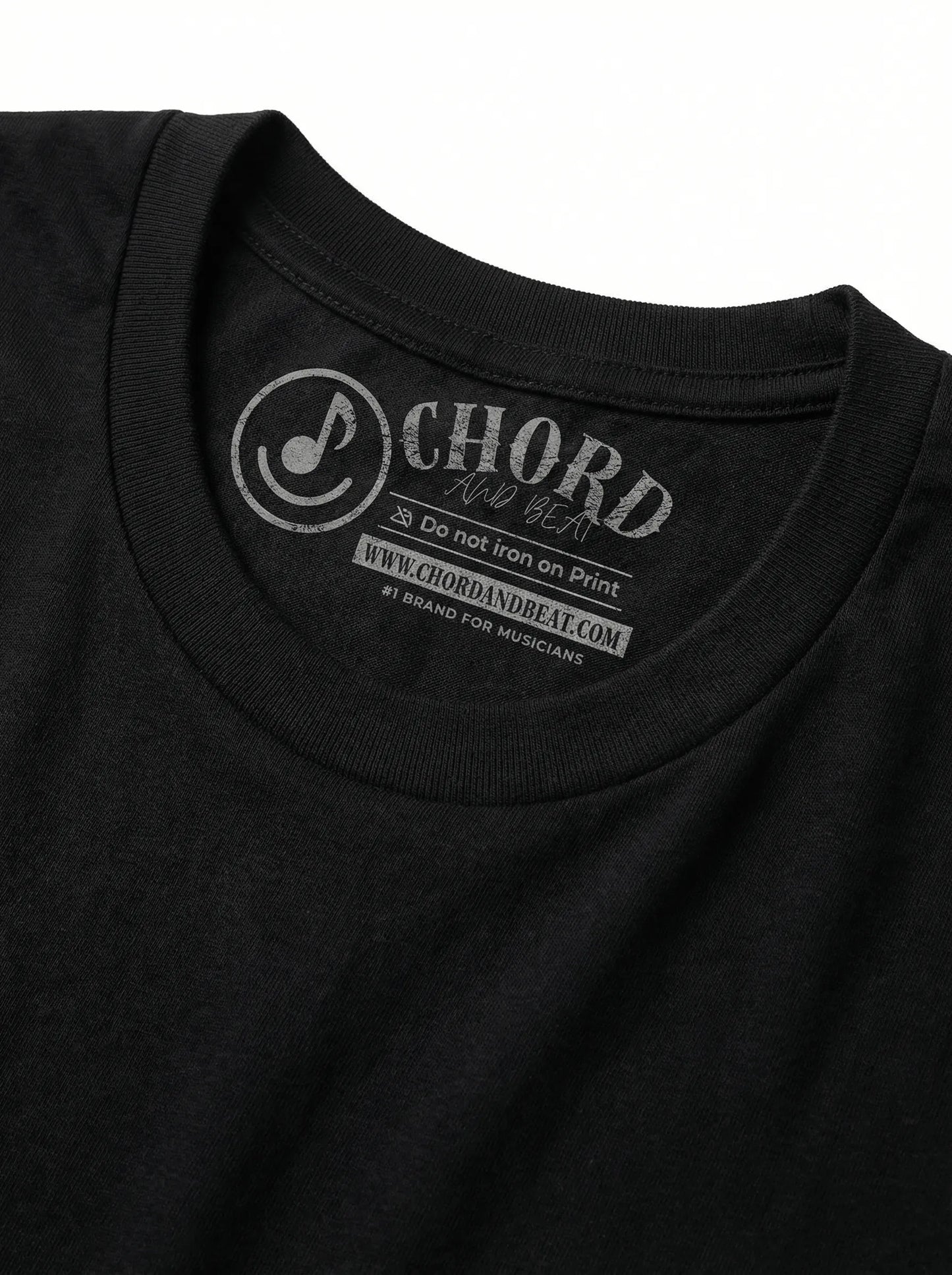 Black t-shirt with 'Chord' brand logo and text on a white background