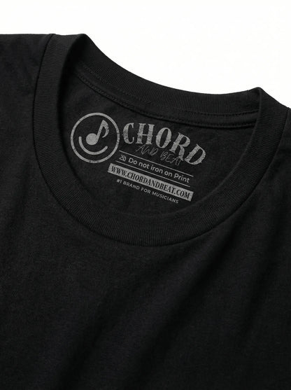 Black t-shirt with 'Chord' brand logo and text on a white background
