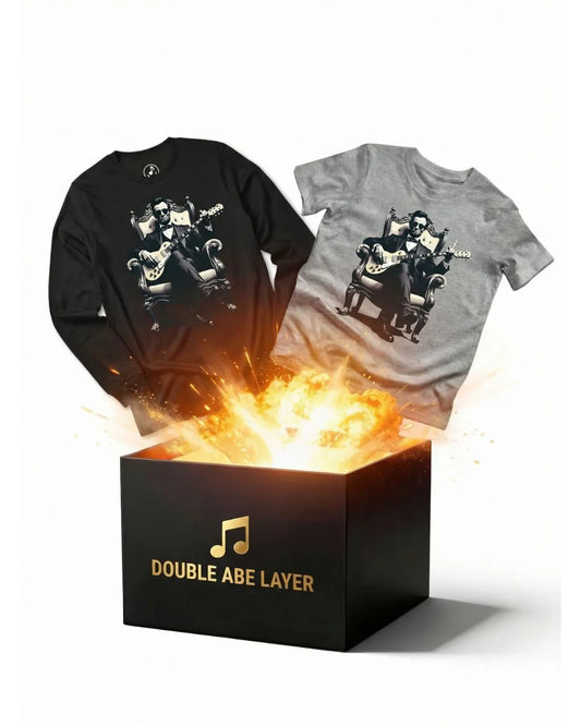 Black and gray t-shirts with a graphic design in front of a black box labeled 'Double Abe Layer'.