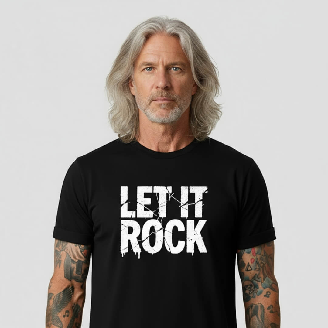 Man wearing a black t-shirt with 'LET IT ROCK' text on a plain background