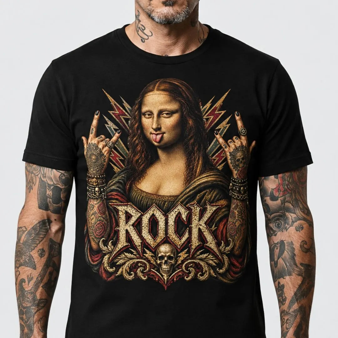 A man wearing a black graphic t-shirt featuring a gothic rock-style print of the Mona Lisa with lightning bolts, tattoos, and the word 'ROCK' in ornate lettering.