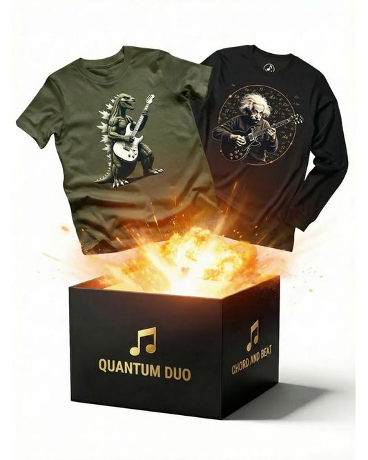 Two t-shirts with a dinosaur playing guitar and a person playing guitar, emerging from a 'Quantum Duo' box.