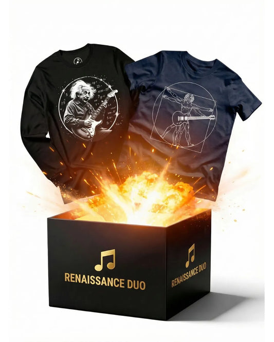 Two t-shirts with artistic designs on a 'Renaissance Duo' box.