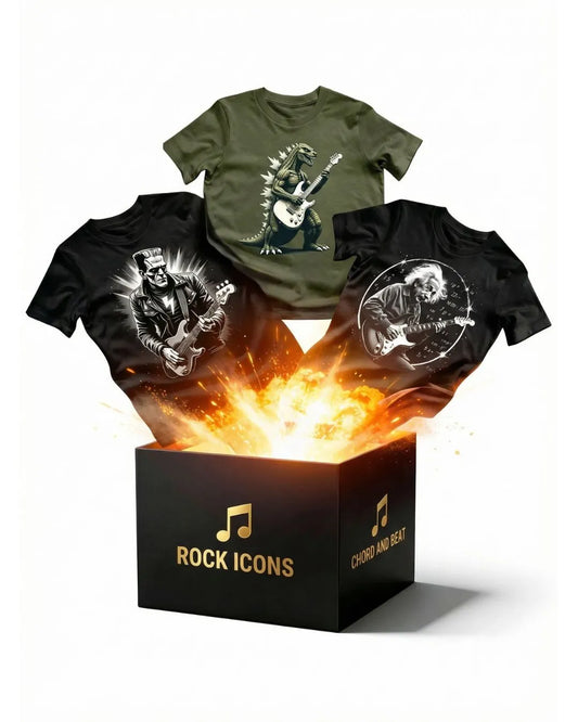 Three t-shirts with rock-themed designs on a 'Rock Icons' box.