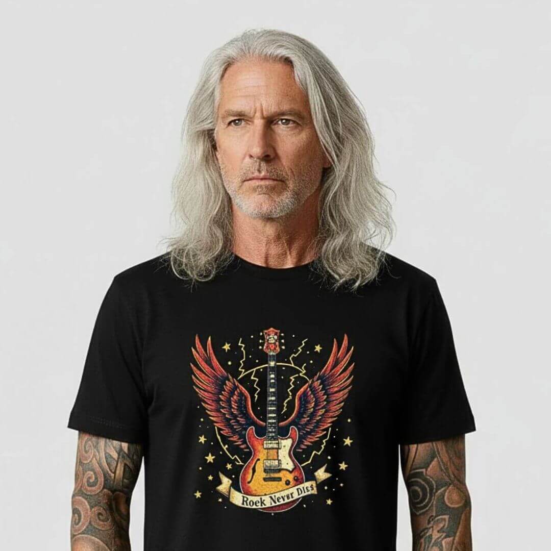 Black t-shirt with a winged guitar and the banner "Rock Never Dies" on a wooden background with a microphone and sneakers.