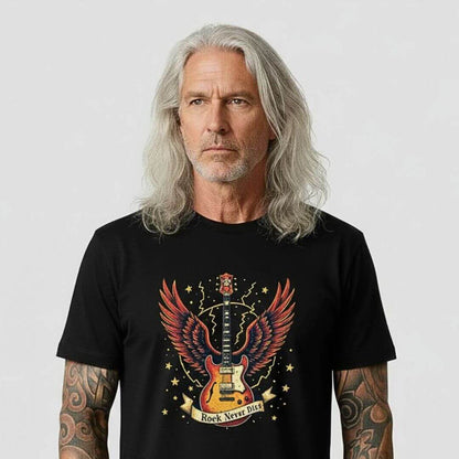 Black t-shirt with a winged guitar and the banner "Rock Never Dies" on a wooden background with a microphone and sneakers.