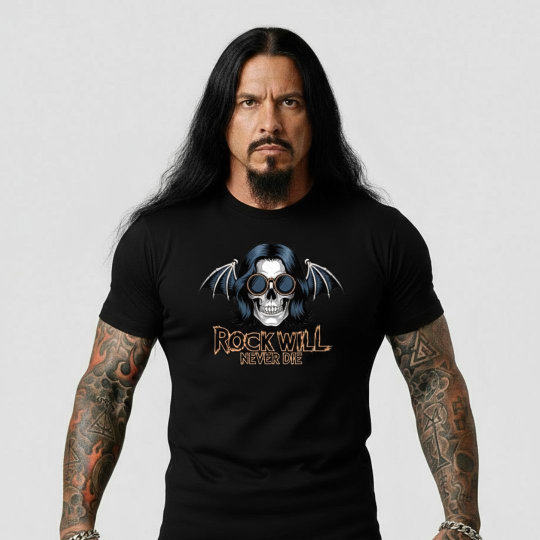 Man wearing a black t-shirt with a skull design and 'Rock Will Never Die' text on a plain background