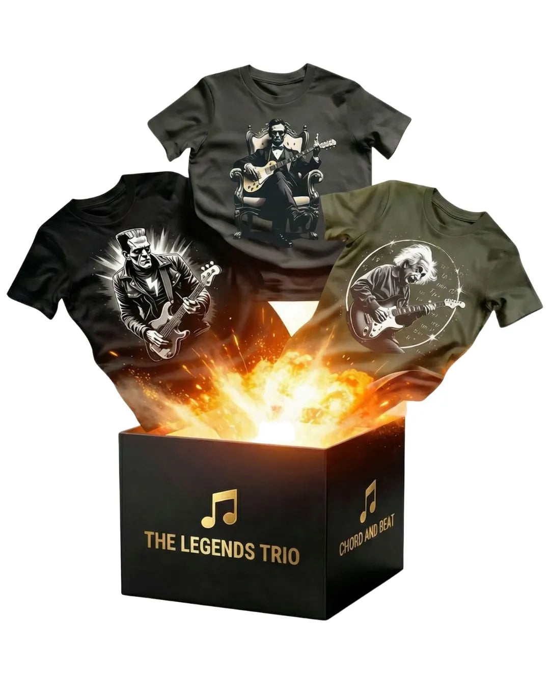 Three chord and beat t-shirts with a graphic design of a person playing guitar, displayed in front of a box labeled 'The Legends Trio'.