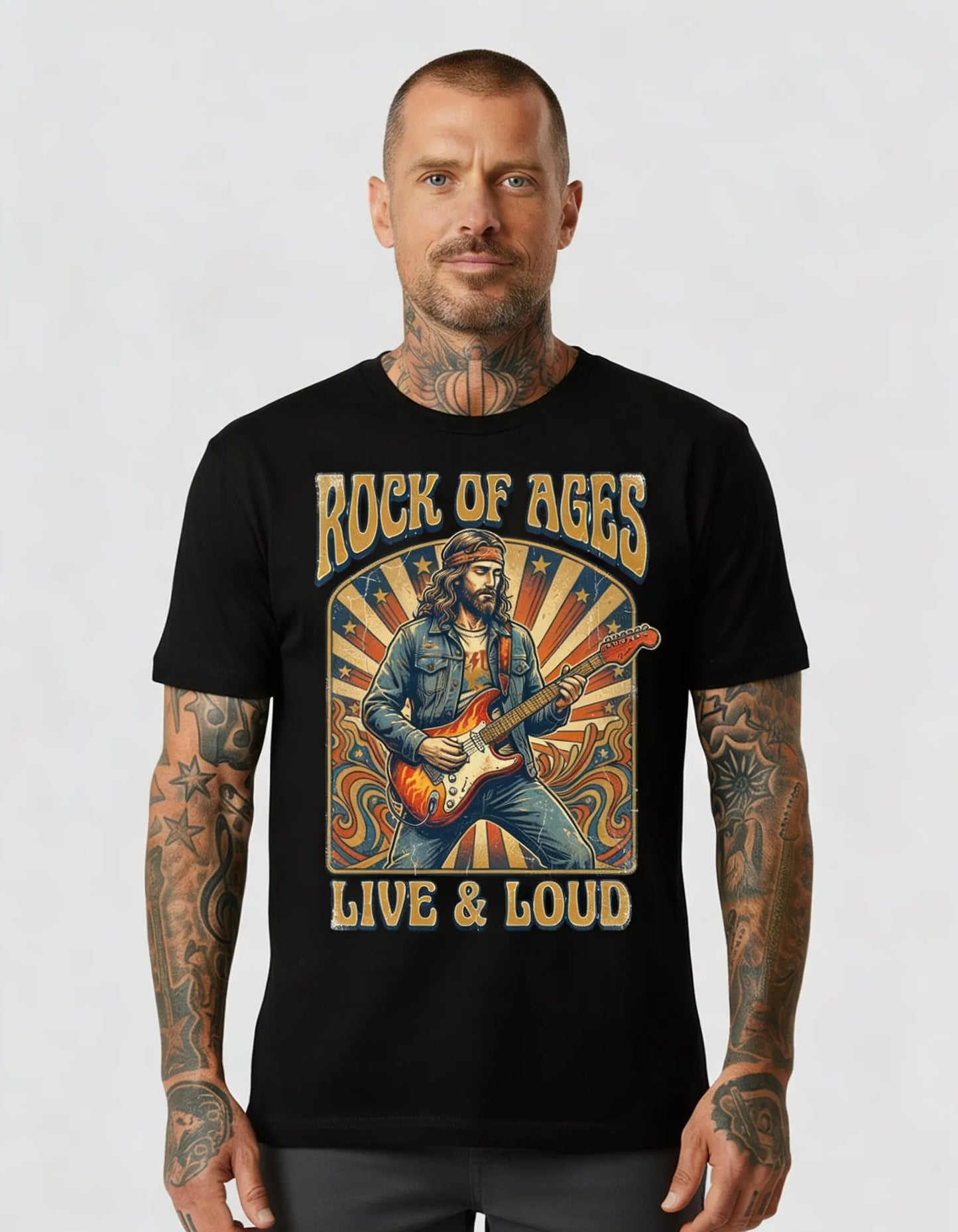 Stratosavior Tee – Rock of Ages Live & Loud Vintage Guitar Shirt
