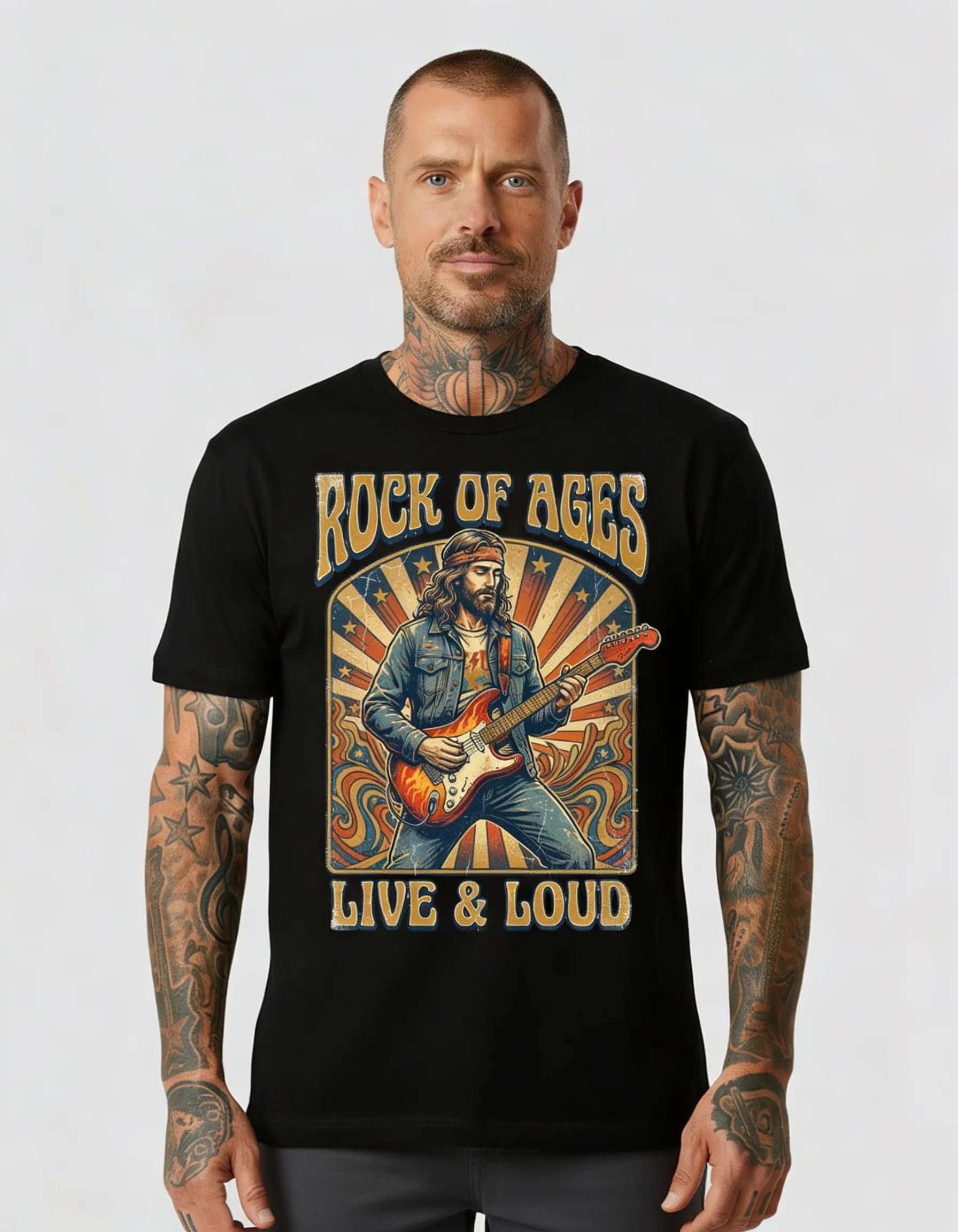 Stratosavior Tee – Rock of Ages Live & Loud Vintage Guitar Shirt